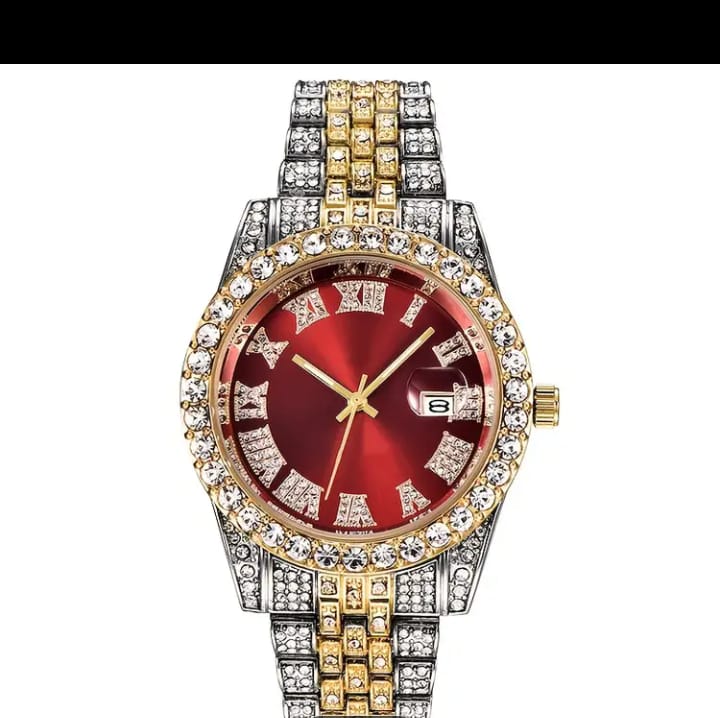 A07649 Vintage Rhinestone-Encrusted Roman Numeral Dial Quartz Watch with Maroon Face & -Accented Stainless Steel/Zinc Alloy Band - Unisex Analog Watch, Formal Timepiece, Sparkling Encrusted Crystals