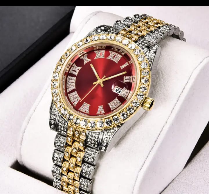 A07649 Vintage Rhinestone-Encrusted Roman Numeral Dial Quartz Watch with Maroon Face & -Accented Stainless Steel/Zinc Alloy Band - Unisex Analog Watch, Formal Timepiece, Sparkling Encrusted Crystals