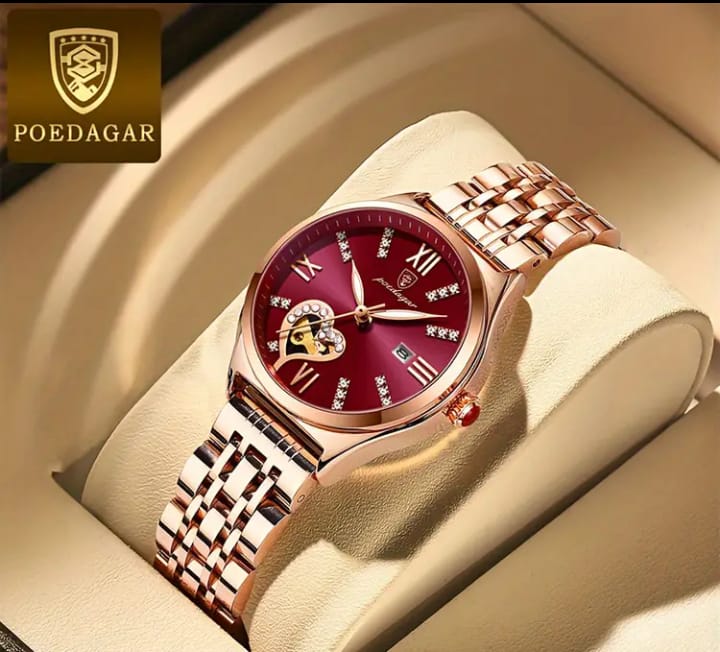POEDAGAR Elegant Women's Quartz Watch - Rose Golden-Tone Stainless Steel, Luminous Hands & Calendar,, Date Display with Heart Detail