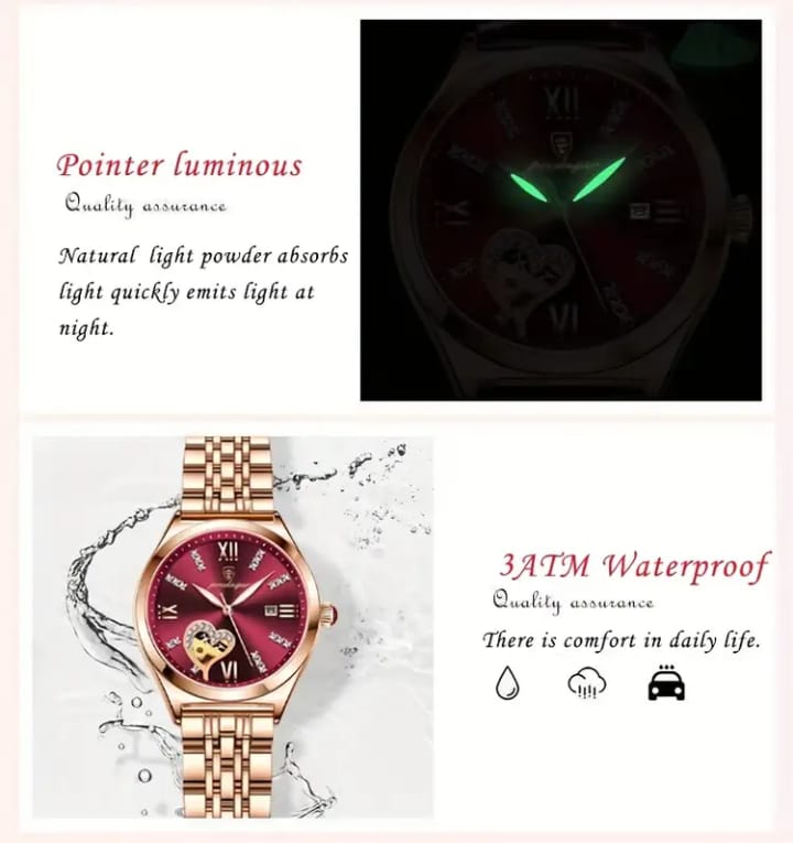 POEDAGAR Elegant Women's Quartz Watch - Rose Golden-Tone Stainless Steel, Luminous Hands & Calendar,, Date Display with Heart Detail
