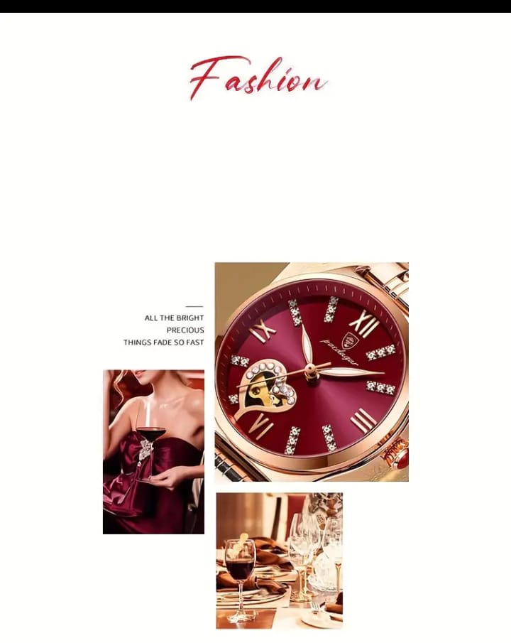 POEDAGAR Elegant Women's Quartz Watch - Rose Golden-Tone Stainless Steel, Luminous Hands & Calendar,, Date Display with Heart Detail