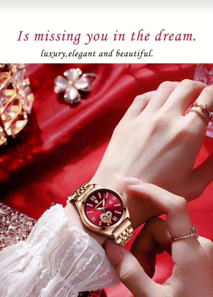POEDAGAR Elegant Women's Quartz Watch - Rose Golden-Tone Stainless Steel, Luminous Hands & Calendar,, Date Display with Heart Detail