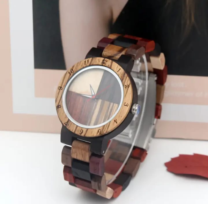 Wooden Ladies Watch, Multicolor Wooden Strap, Four-Color Dial, Wood Quartz Wristwatch