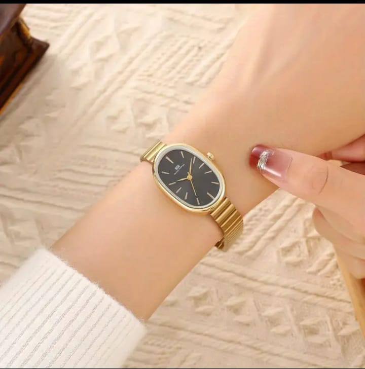 Denton SidPega Unisex Minimalist Quartz Watch - Oval Stainless Steel Case & Mesh Band, Black Dial with Golden Markers, Casual Everyday Wristwatch for Women & Men, Stylish Timepiece, Durable Timepiece