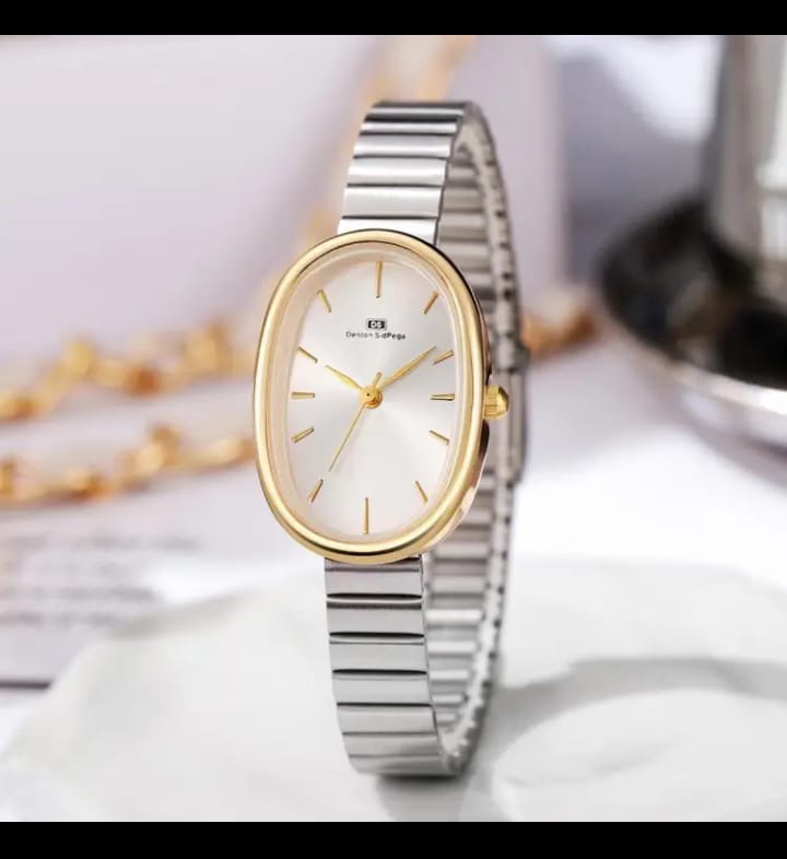 Denton SidPega Unisex Minimalist Quartz Watch - Oval Stainless Steel Case & Mesh Band, Black Dial with Golden Markers, Casual Everyday Wristwatch for Women & Men, Stylish Timepiece, Durable Timepiece