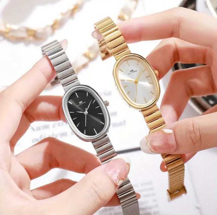 Denton SidPega Unisex Minimalist Quartz Watch - Oval Stainless Steel Case & Mesh Band, Black Dial with Golden Markers, Casual Everyday Wristwatch for Women & Men, Stylish Timepiece, Durable Timepiece