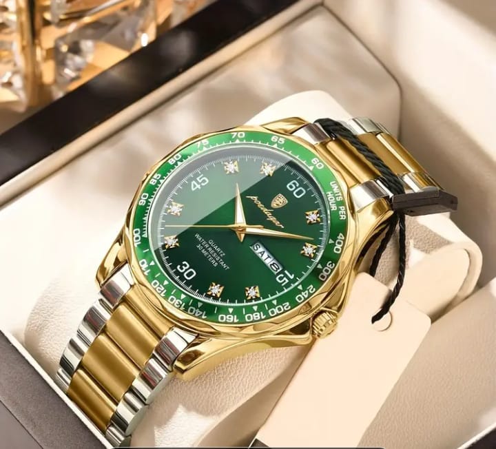 POEDAGAR Men's Luxury Quartz Watch - Elegant Business Wristwatch with Green Dial, Roman Numerals, Day/Date Display, Chronograph Sub-Dials & Star Accents - Perfect for Formal & Casual Wear, Casual Watch | Star Accents Watch | Luxury Watch