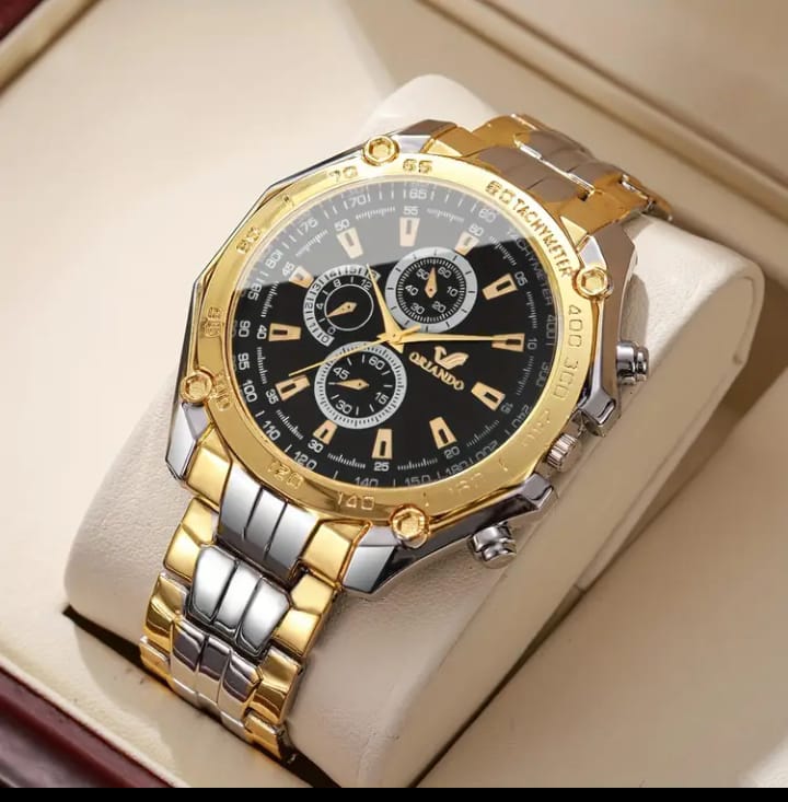 1pc Casual Business Quartz Watch with Analog Display, Large Black Dial & Golden Markers, Multi-Dial Chronograph, Date Window, Stainless Steel Band & Golden-Tone Case for Everyday & Formal Wear, Versatile Timepiece, Textured Finish