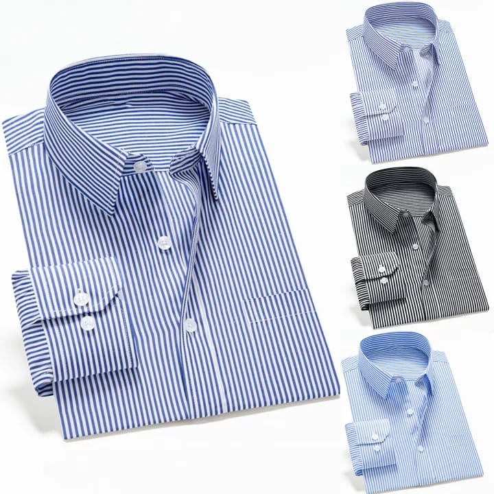 Men's Slim Fit Striped Long Sleeve Shirt - Classic Blue & White Vertical Stripes, Pointed Collar, Machine Washable, All-Season Versatile for Casual & Formal Wear