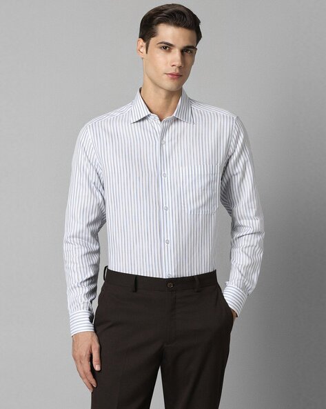 Men's Light Blue & White Striped Long Sleeve Shirt - Classic Point Collar Business Casual Shirt, Regular Fit Button-Up for Office & Social Gatherings, Spring/Fall Non-Stretch Fabric, Hand Wash, Formal Event Attire, Sophisticated Appearance