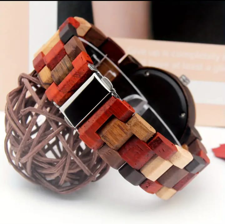 Wooden Ladies Watch, Multicolor Wooden Strap, Four-Color Dial, Wood Quartz Wristwatch