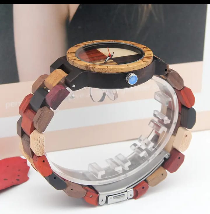 Wooden Ladies Watch, Multicolor Wooden Strap, Four-Color Dial, Wood Quartz Wristwatch