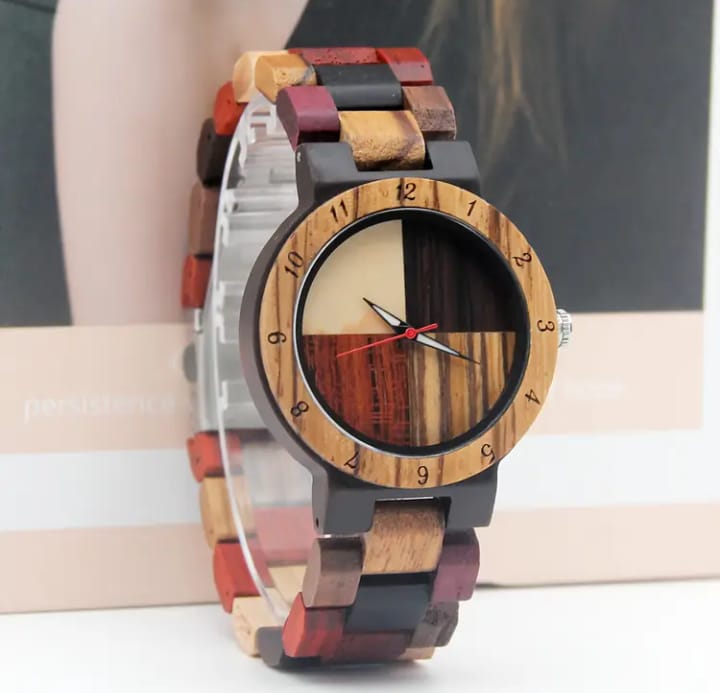Wooden Ladies Watch, Multicolor Wooden Strap, Four-Color Dial, Wood Quartz Wristwatch