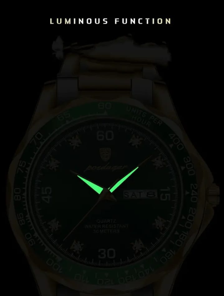 POEDAGAR Men's Luxury Quartz Watch - Elegant Business Wristwatch with Green Dial, Roman Numerals, Day/Date Display, Chronograph Sub-Dials & Star Accents - Perfect for Formal & Casual Wear, Casual Watch | Star Accents Watch | Luxury Watch