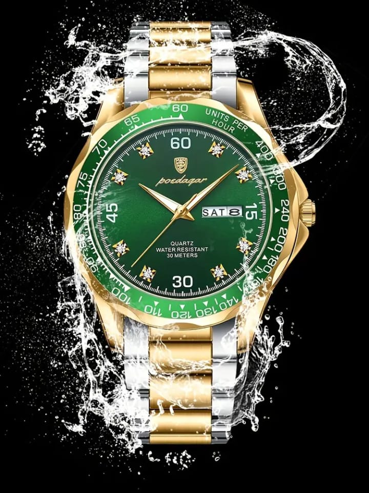 POEDAGAR Men's Luxury Quartz Watch - Elegant Business Wristwatch with Green Dial, Roman Numerals, Day/Date Display, Chronograph Sub-Dials & Star Accents - Perfect for Formal & Casual Wear, Casual Watch | Star Accents Watch | Luxury Watch