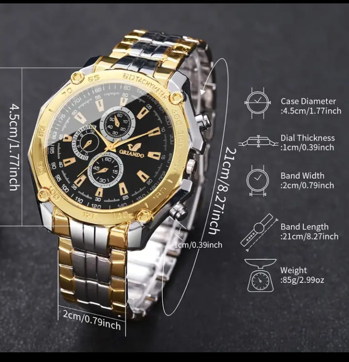 1pc Casual Business Quartz Watch with Analog Display, Large Black Dial & Golden Markers, Multi-Dial Chronograph, Date Window, Stainless Steel Band & Golden-Tone Case for Everyday & Formal Wear, Versatile Timepiece, Textured Finish