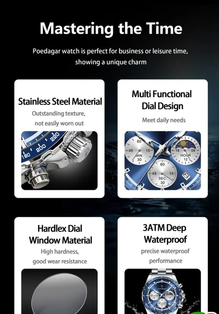 The New Model of The Baida Watch Is a Hot-Selling Waterproof Luminous Calendar Men'S Chronograph Wristwatch, Featuring a High-End Business Style, Bold Trend, Suitable for Students, And Made of Stainless Steel.