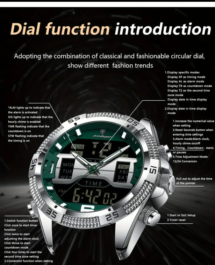 POEDAGAR lemen'S Watch, with, Luminous, Alarm, Calendar, and Stopwatch Functions, Features Two Hours, Made of Stainless Steel with Electronic Movement.