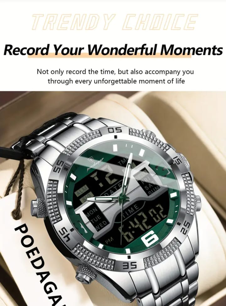 POEDAGAR lemen'S Watch, with, Luminous, Alarm, Calendar, and Stopwatch Functions, Features Two Hours, Made of Stainless Steel with Electronic Movement.