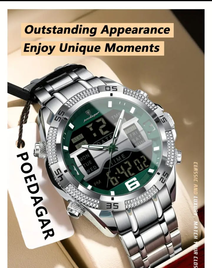 POEDAGAR lemen'S Watch, with, Luminous, Alarm, Calendar, and Stopwatch Functions, Features Two Hours, Made of Stainless Steel with Electronic Movement.