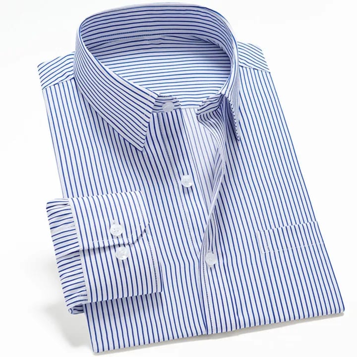 Men's Slim Fit Striped Long Sleeve Shirt - Classic Blue & White Vertical Stripes, Pointed Collar, Machine Washable, All-Season Versatile for Casual & Formal Wear
