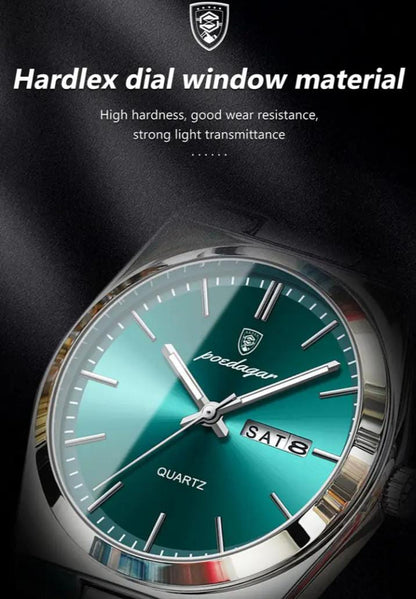 POEDAGAR Luxury Quartz Men'S Wristwatch - Luminous Date & Week Display, Stainless Steel Band, Water-Resistant (IPX8), Ideal Gift for Business Professionals