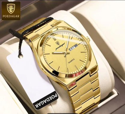 POEDAGAR Luxury Quartz Men'S Wristwatch - Luminous Date & Week Display, Stainless Steel Band, Water-Resistant (IPX8), Ideal Gift for Business Professionals