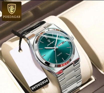 POEDAGAR Luxury Quartz Men'S Wristwatch - Luminous Date & Week Display, Stainless Steel Band, Water-Resistant (IPX8), Ideal Gift for Business Professionals