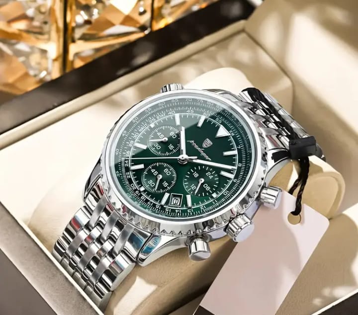 POEDAGAR Men's Luxury Stainless Steel Watch, Chronograph, Calendar, Date Display, Green Dial with Black Bezel & Roman Numerals, Quartz Movement, Casual to Business Styl