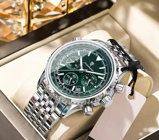 POEDAGAR Men's Luxury Stainless Steel Watch, Chronograph, Calendar, Date Display, Green Dial with Black Bezel & Roman Numerals, Quartz Movement, Casual to Business Styl