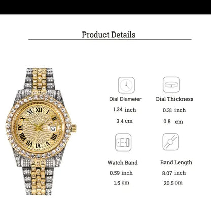 A07649 Vintage Rhinestone-Encrusted Roman Numeral Dial Quartz Watch with Maroon Face & -Accented Stainless Steel/Zinc Alloy Band - Unisex Analog Watch, Formal Timepiece, Sparkling Encrusted Crystals