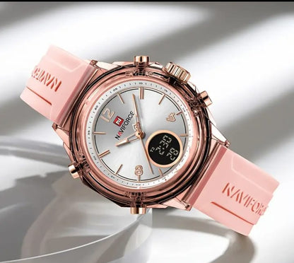 NAVIFORCE Women's Dual Display Sport Watch - Quartz Analog & Digital Watch with 5ATM, Silicone Strap, Date Indicator, Pink Accents for Casual & Lifestyles, Casual Attire, Sleek Watch Design, Clear Numeral Markers