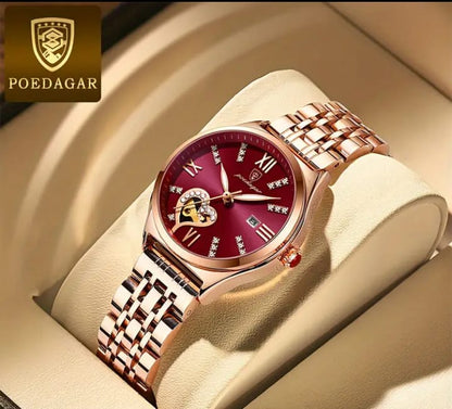 POEDAGAR Elegant Women's Quartz Watch - Rose Golden-Tone Stainless Steel, Luminous Hands & Calendar,, Date Display with Heart Detail