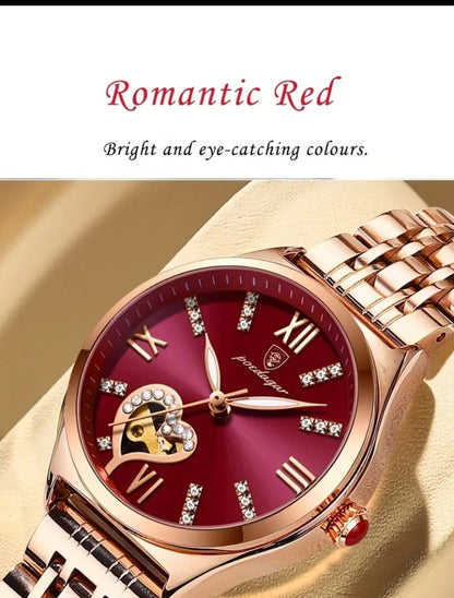 POEDAGAR Elegant Women's Quartz Watch - Rose Golden-Tone Stainless Steel, Luminous Hands & Calendar,, Date Display with Heart Detail