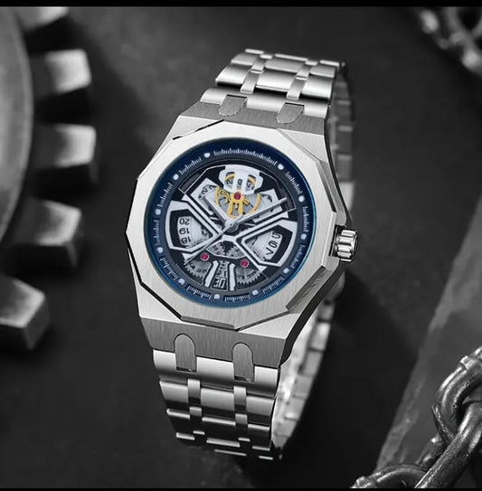 A Stylish Business Calendar Wristwatch For Men, Featuring A Stainless Steel Band, Waterproof, And Luminous, With A Black Knight Of Twelve Sides.