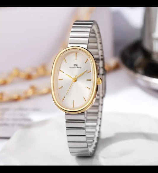 Denton SidPega Unisex Minimalist Quartz Watch - Oval Stainless Steel Case & Mesh Band, Black Dial with Golden Markers, Casual Everyday Wristwatch for Women & Men, Stylish Timepiece, Durable Timepiece