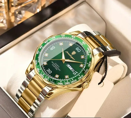 POEDAGAR Men's Luxury Quartz Watch - Elegant Business Wristwatch with Green Dial, Roman Numerals, Day/Date Display, Chronograph Sub-Dials & Star Accents - Perfect for Formal & Casual Wear, Casual Watch | Star Accents Watch | Luxury Watch