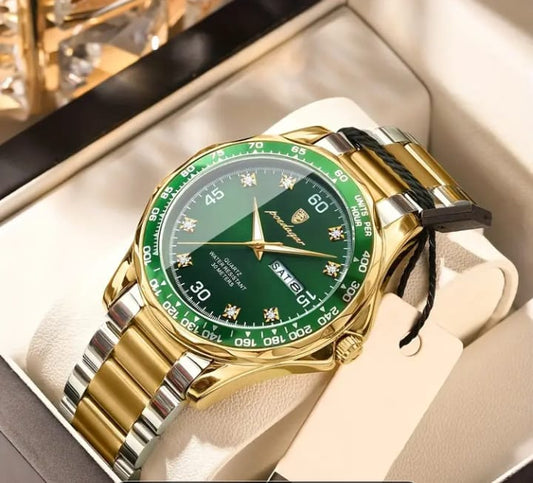 POEDAGAR Men's Luxury Quartz Watch - Elegant Business Wristwatch with Green Dial, Roman Numerals, Day/Date Display, Chronograph Sub-Dials & Star Accents - Perfect for Formal & Casual Wear, Casual Watch | Star Accents Watch | Luxury Watch