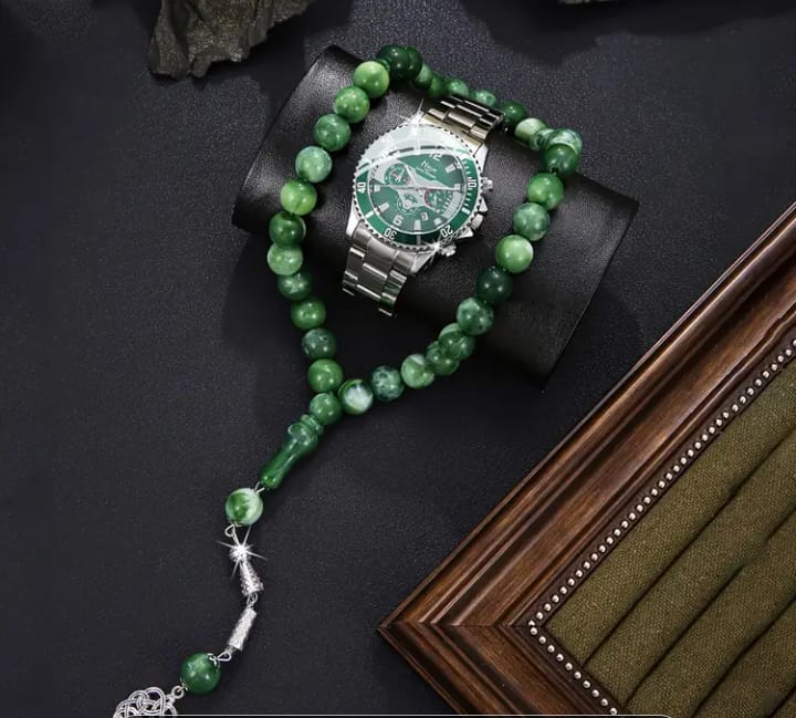 Fashionable Business Casual Rosary and Watch Set, Quartz Movement, Round Zinc Alloy Case & Strap, Battery Powered, Non-rechargeable Button Battery, with Valentine'S Day & Ramadan Gift Packag