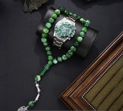 Fashionable Business Casual Rosary and Watch Set, Quartz Movement, Round Zinc Alloy Case & Strap, Battery Powered, Non-rechargeable Button Battery, with Valentine'S Day & Ramadan Gift Packag