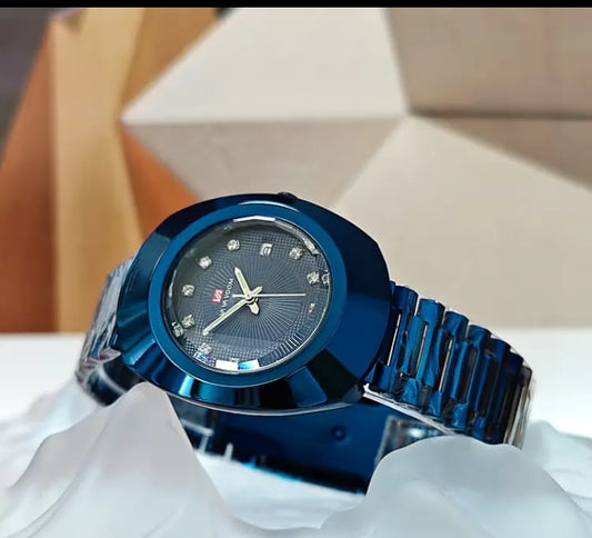 1pc VA VA VOOM Glamorous  Quartz Watch, Blue Oval Dial with Rhinestone Scale and Calendar, Stainless Steel Band, Zinc Alloy Case, Battery Powered - Elegant Business Casual Accessory