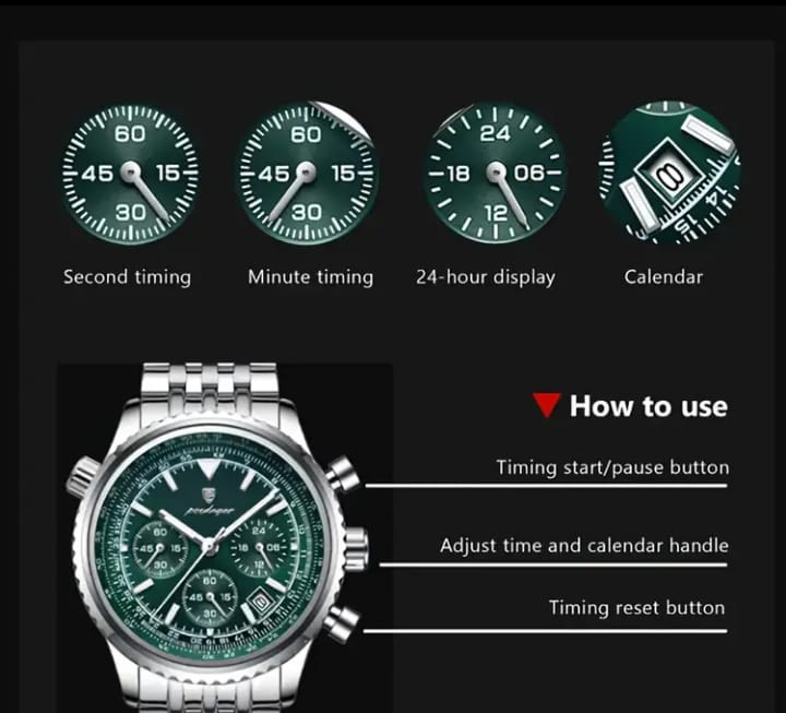 POEDAGAR Men's Luxury Stainless Steel Watch, Chronograph, Calendar, Date Display, Green Dial with Black Bezel & Roman Numerals, Quartz Movement, Casual to Business Styl
