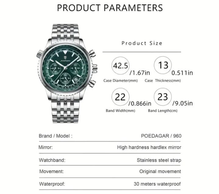 POEDAGAR Men's Luxury Stainless Steel Watch, Chronograph, Calendar, Date Display, Green Dial with Black Bezel & Roman Numerals, Quartz Movement, Casual to Business Styl