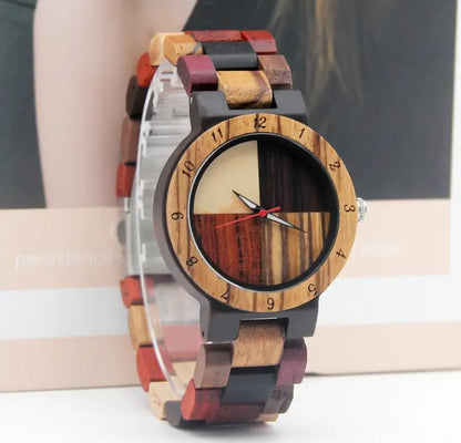 Wooden Ladies Watch, Multicolor Wooden Strap, Four-Color Dial, Wood Quartz Wristwatch