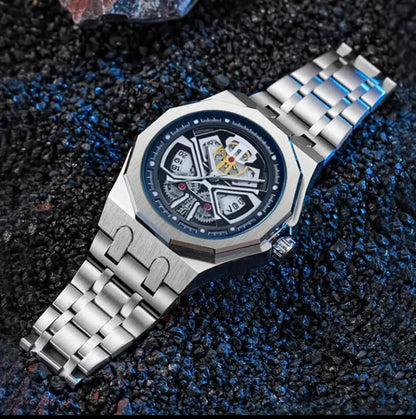 A Stylish Business Calendar Wristwatch For Men, Featuring A Stainless Steel Band, Waterproof, And Luminous, With A Black Knight Of Twelve Sides.