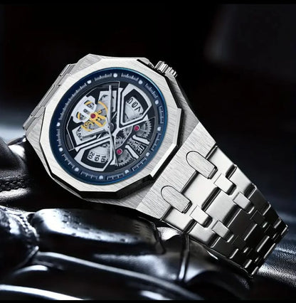 A Stylish Business Calendar Wristwatch For Men, Featuring A Stainless Steel Band, Waterproof, And Luminous, With A Black Knight Of Twelve Sides.