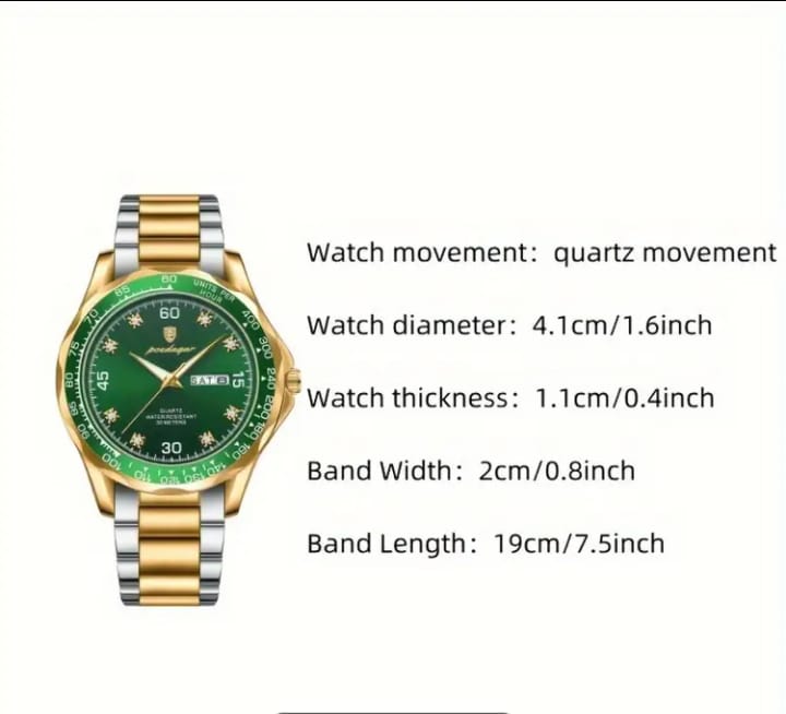 POEDAGAR Men's Luxury Quartz Watch - Elegant Business Wristwatch with Green Dial, Roman Numerals, Day/Date Display, Chronograph Sub-Dials & Star Accents - Perfect for Formal & Casual Wear, Casual Watch | Star Accents Watch | Luxury Watch