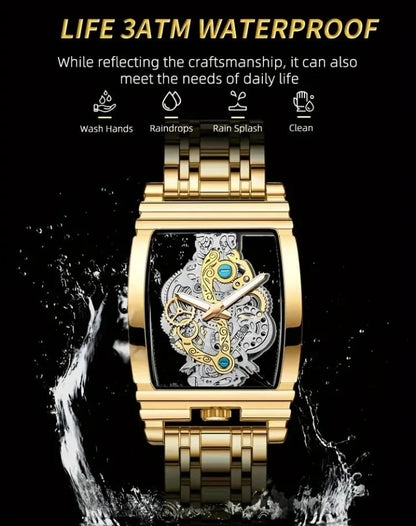 Luxury Quartz Watch with Folding Clasp - Sleek, Hollow-Out Design, Luminous Dial, Stainless Steel Band