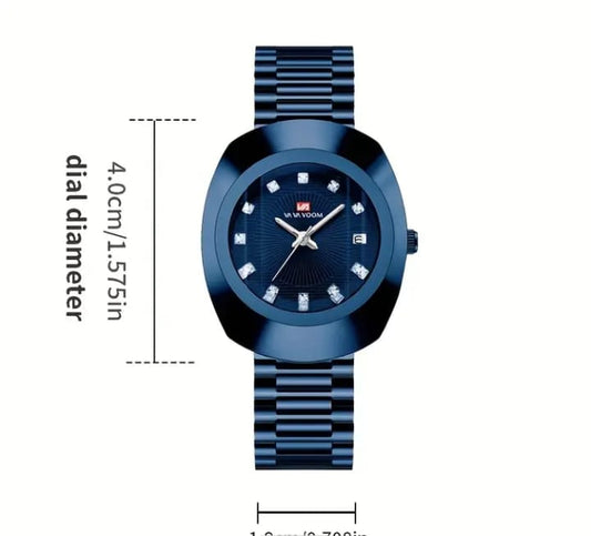 1pc VA VA VOOM Glamorous  Quartz Watch, Blue Oval Dial with Rhinestone Scale and Calendar, Stainless Steel Band, Zinc Alloy Case, Battery Powered - Elegant Business Casual Accessory