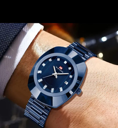1pc VA VA VOOM Glamorous  Quartz Watch, Blue Oval Dial with Rhinestone Scale and Calendar, Stainless Steel Band, Zinc Alloy Case, Battery Powered - Elegant Business Casual Accessory